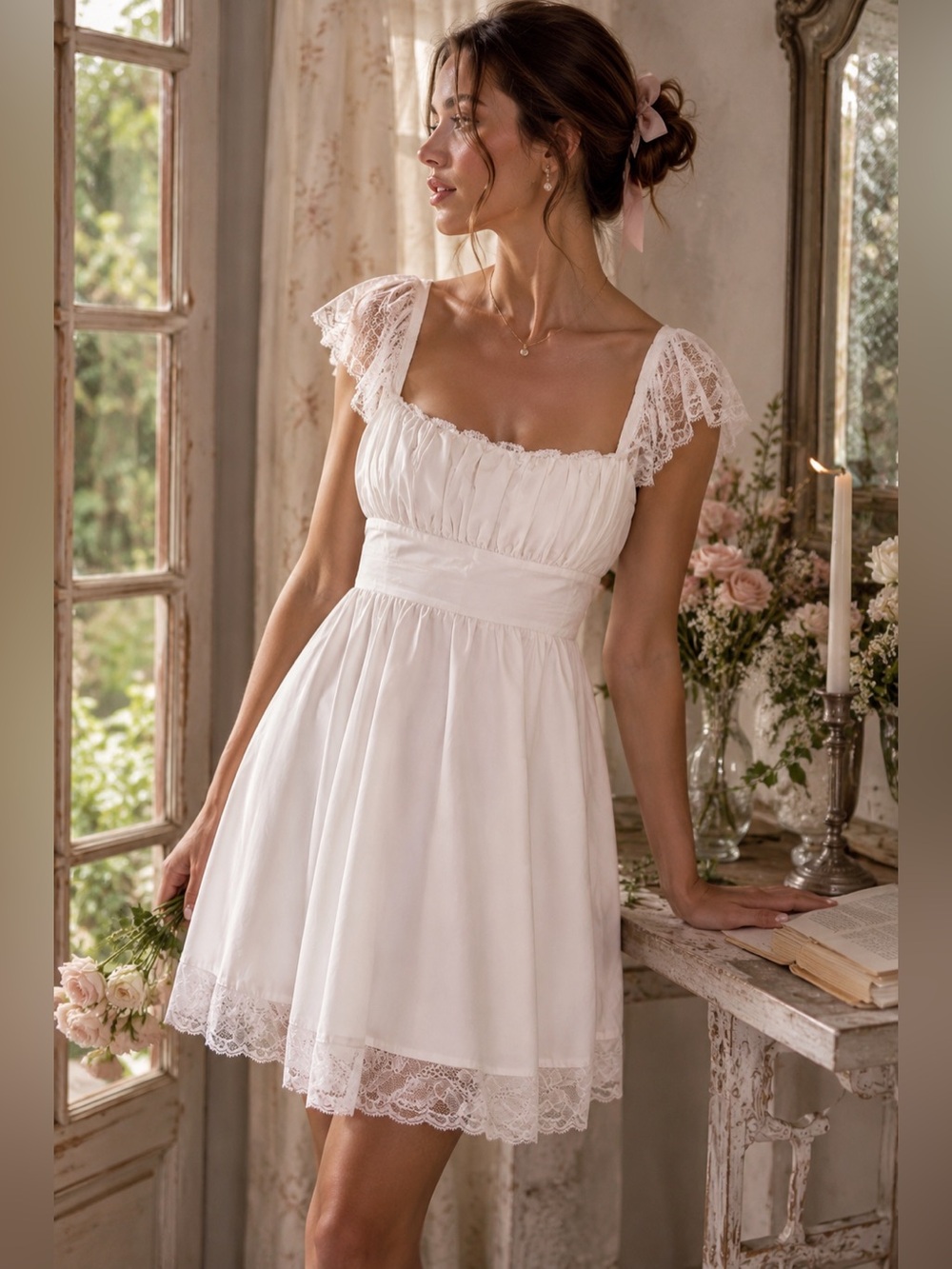American Threads White Lace Flutter Sleeve Mini Dress Romantic Cottagecore L